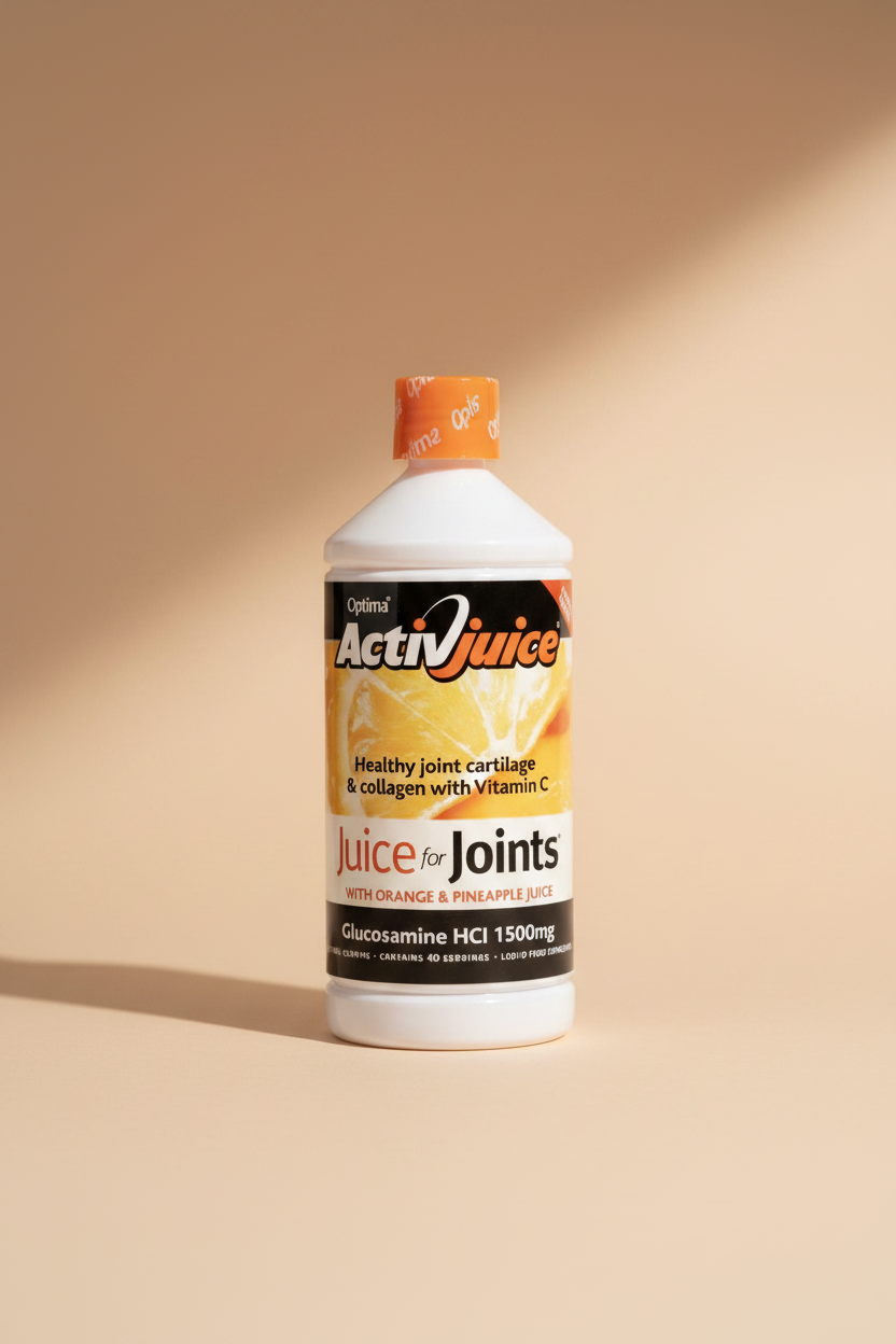 A bottle of Optima ActiJuice 'Juice for Joints' liquid supplement, featuring a white bottle with an orange cap and a black, gold, and white label.