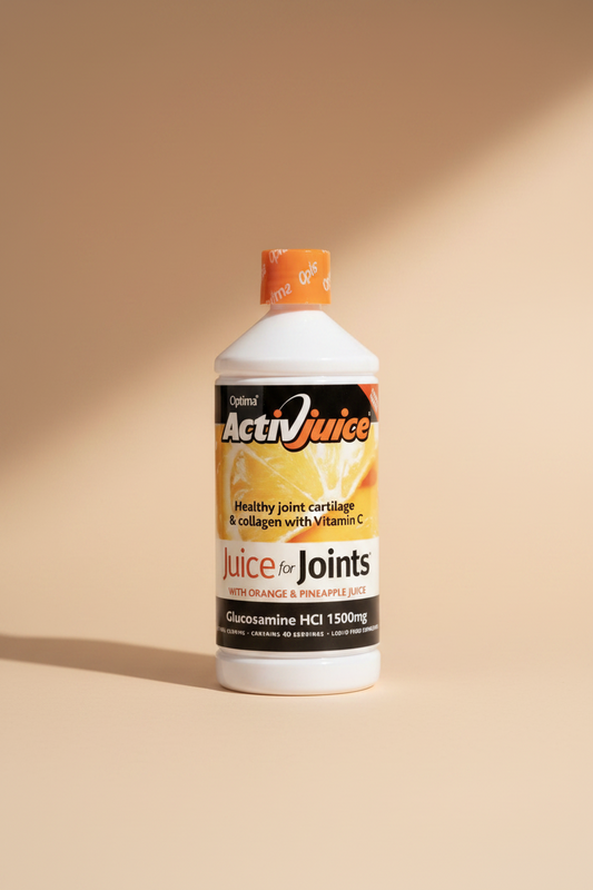A bottle of Optima ActiJuice 'Juice for Joints' liquid supplement, featuring a white bottle with an orange cap and a black, gold, and white label.
