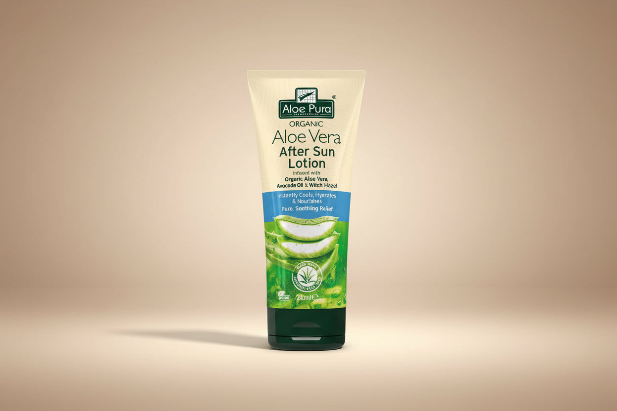 Aloe Pura Organic Aloe Vera After Sun Lotion tube on a white background