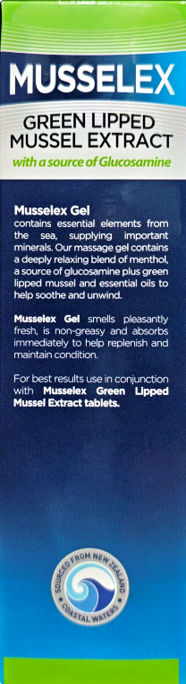 A close-up of a Musselex Green Lipped Muskel Extract product package, showing the brand name MUSSELEX in large white letters on a dark blue background with a green band at the top.