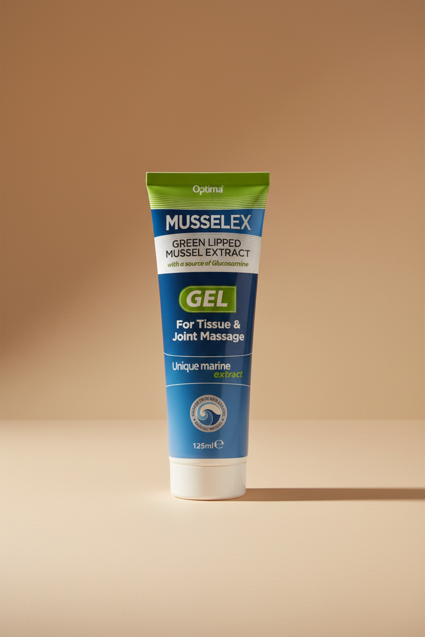 Musselex Green Lipped Mussel Extract Gel tube, 125ml, featuring a blue and white design with green accents and a marine extract logo.