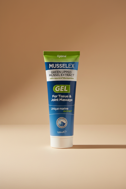 Musselex Green Lipped Mussel Extract Gel tube, 125ml, featuring a blue and white design with green accents and a marine extract logo.