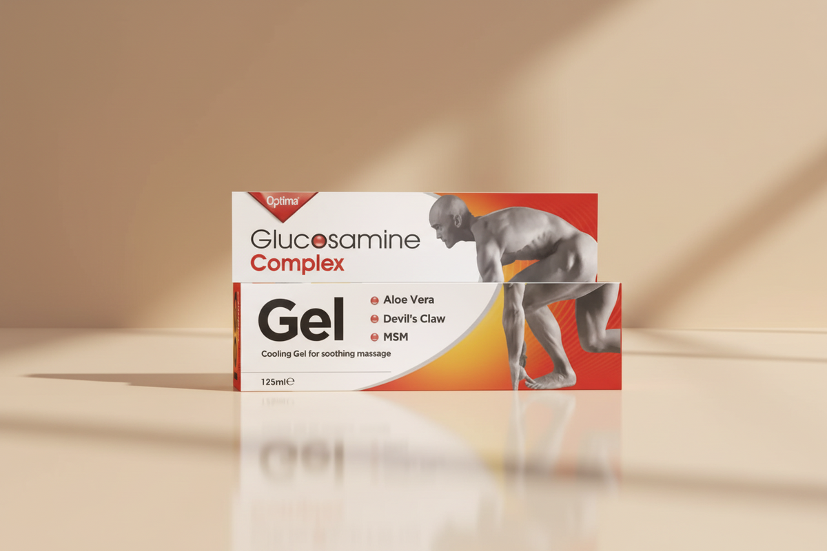 Optima Glucosamine Complex Gel packaging box, 125ml. The box features a white and orange design with a graphic of a muscular man and lists key ingredients: Aloe Vera, Devil's Claw, and MSM.