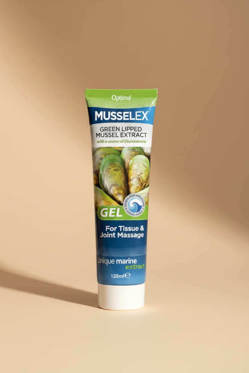 Optima Musselex Green Lipped Mussel Extract Gel box packaging, featuring green mussels on the front with blue and green branding.