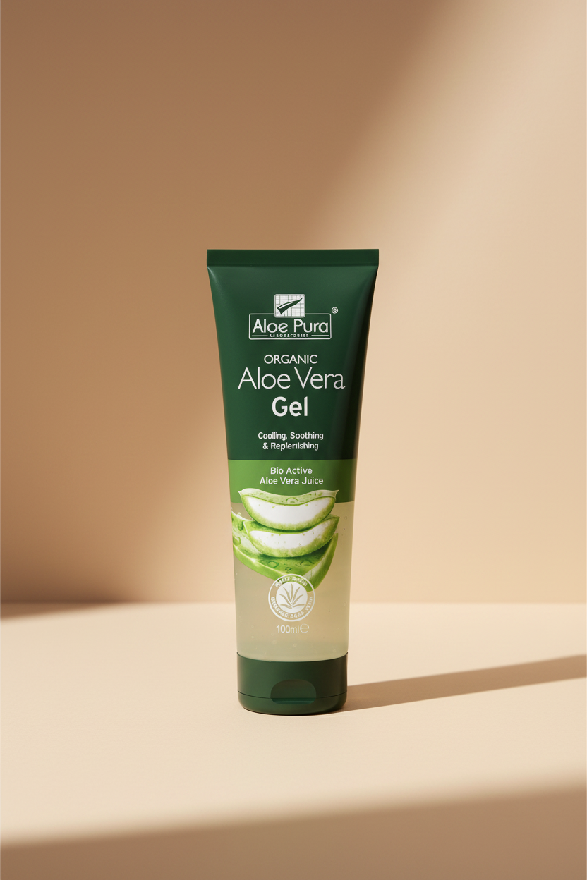 A 100ml squeeze tube of Aloe Pura Organic Aloe Vera Gel, featuring a dark green and light green design with illustrations of sliced aloe vera on the front.