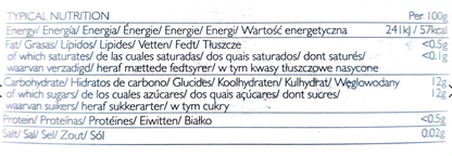 A close-up of a nutrition label table in Spanish, showing typical nutrition per 100g with energy, fats, carbohydrates, proteins, and salt amounts.