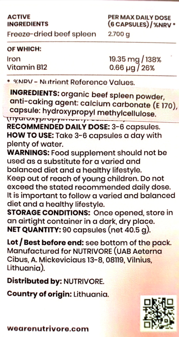 A close-up of a product supplement label showing active ingredients, recommended daily dose, warnings, storage conditions, manufacturer details for NutriVure, and a website URL at the bottom.