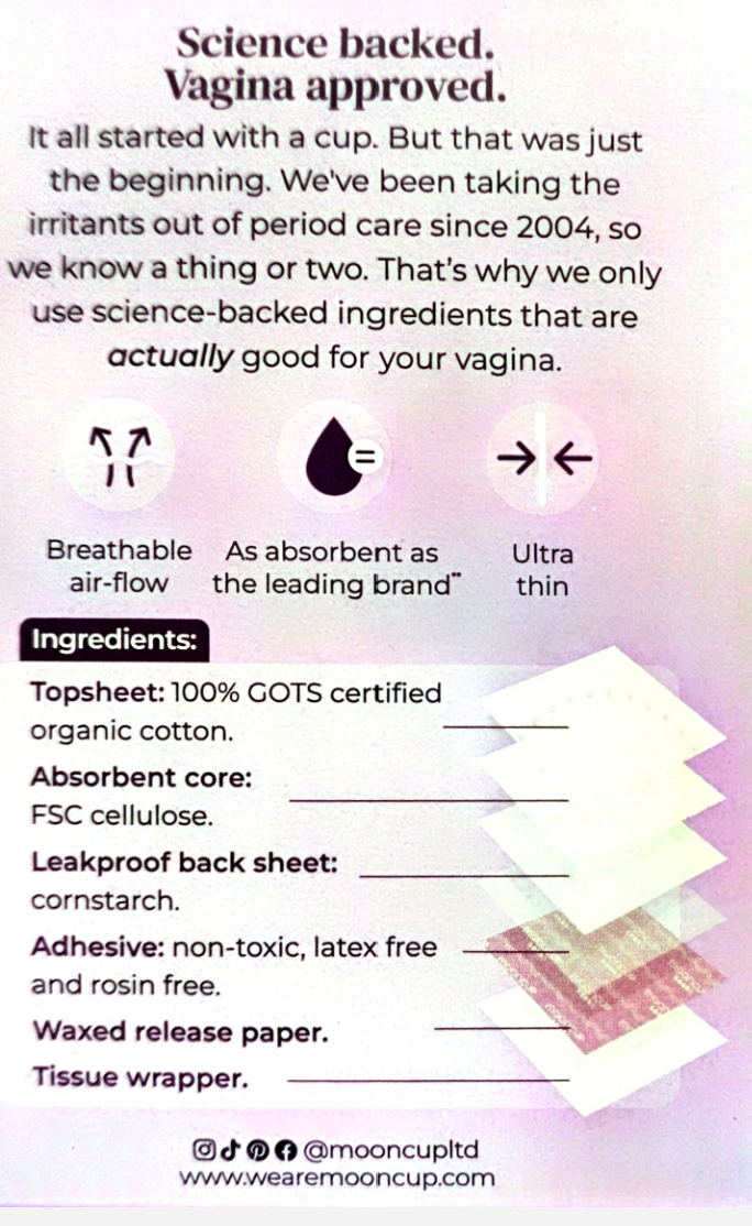 An informational product graphic for a mooncup period care cup, featuring text about science-backed vagina approval, product benefits like breathable air-flow and ultra-thin design, ingredients list, and a small product photo on a pale pink and lavender background.