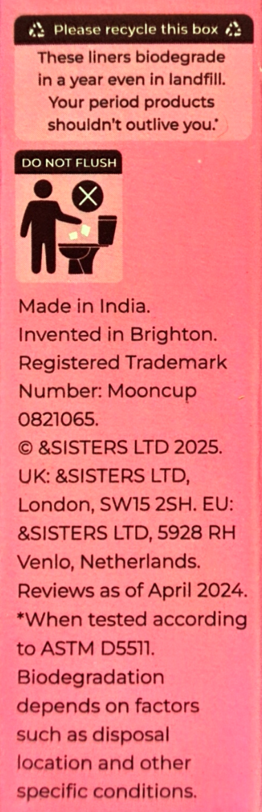 A pink recycling information card with text and a hand icon, shown upside down against a light gray background.