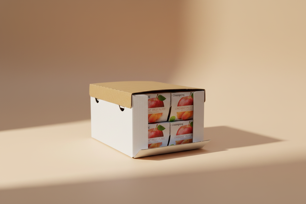 A white cardboard box of Gencog fruit juices, specifically Clementine, with printed images of red apples and oranges, stacked on top of other boxes.
