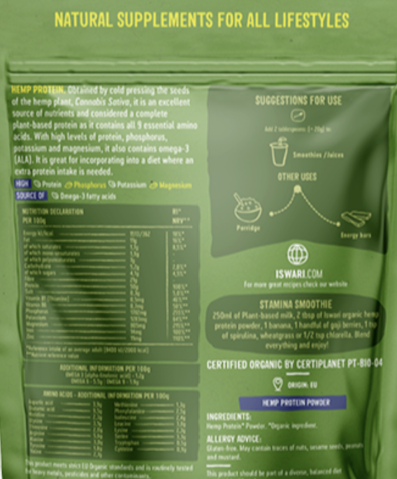 Green supplement package with text and nutritional information on a green background