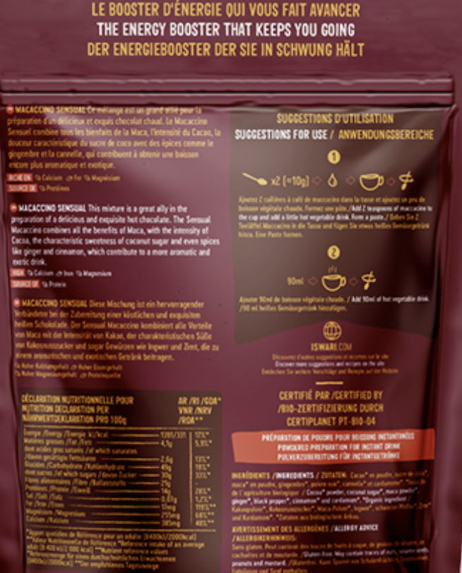 Back of a product package with text in multiple languages on a dark background