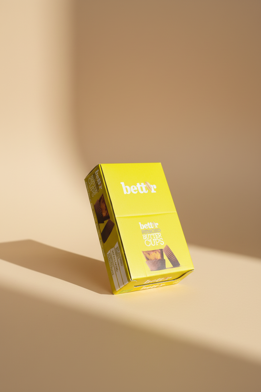 A bright yellow box of 'best+ better cups' organic coffee cups, photographed at an angle on a gray workbench with a blue plastic bag in the background.