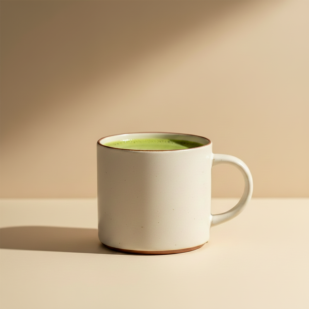 A white ceramic mug with a handle, filled with a green beverage, set against a warm beige background with soft diagonal shadows.