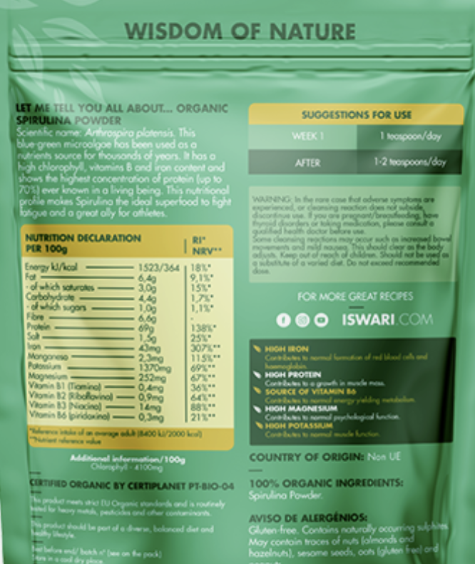 Green package of organic spirulina powder with nutritional information and usage instructions.