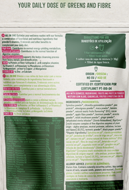 Product packaging with text and green and white design