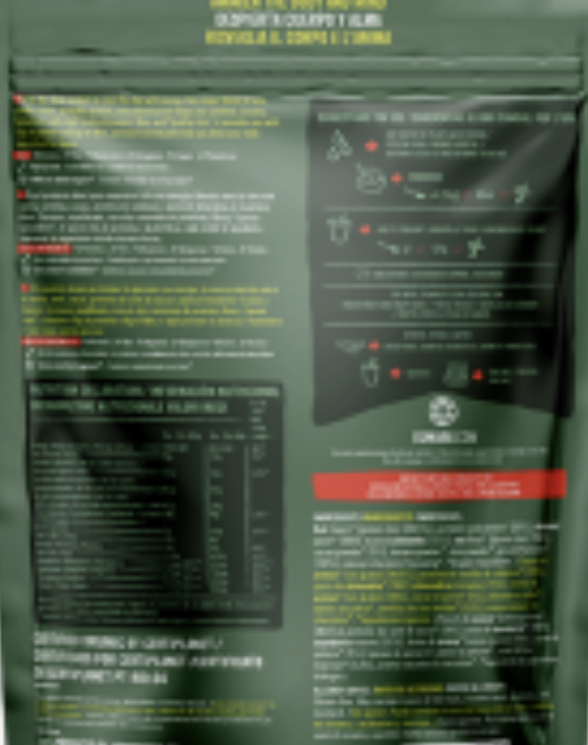 Back view of a green product packaging with text and symbols