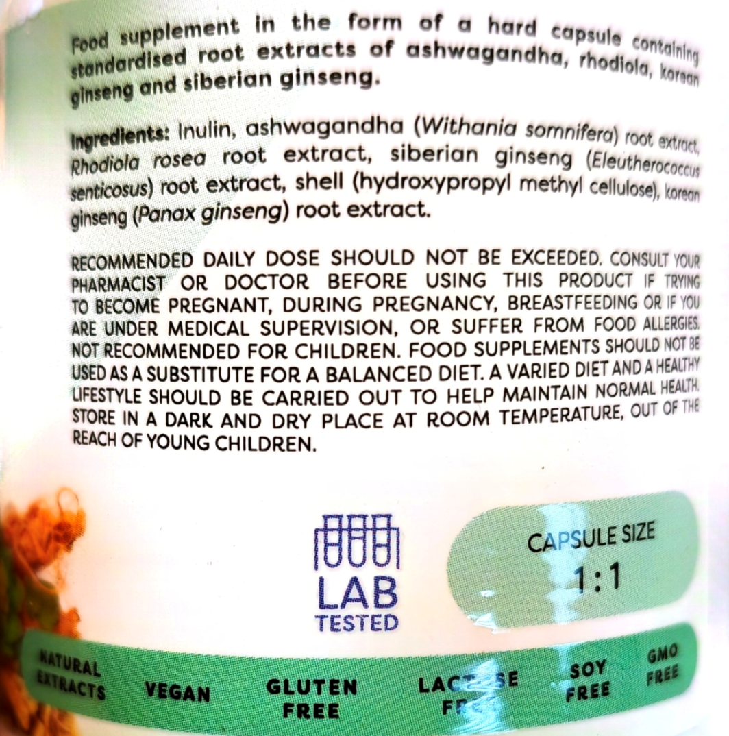 Close-up of a supplement label showing ingredients, usage warnings, a blue LAB TESTED logo, and a teal section with 'CAPSULE SIZE 1:1'.