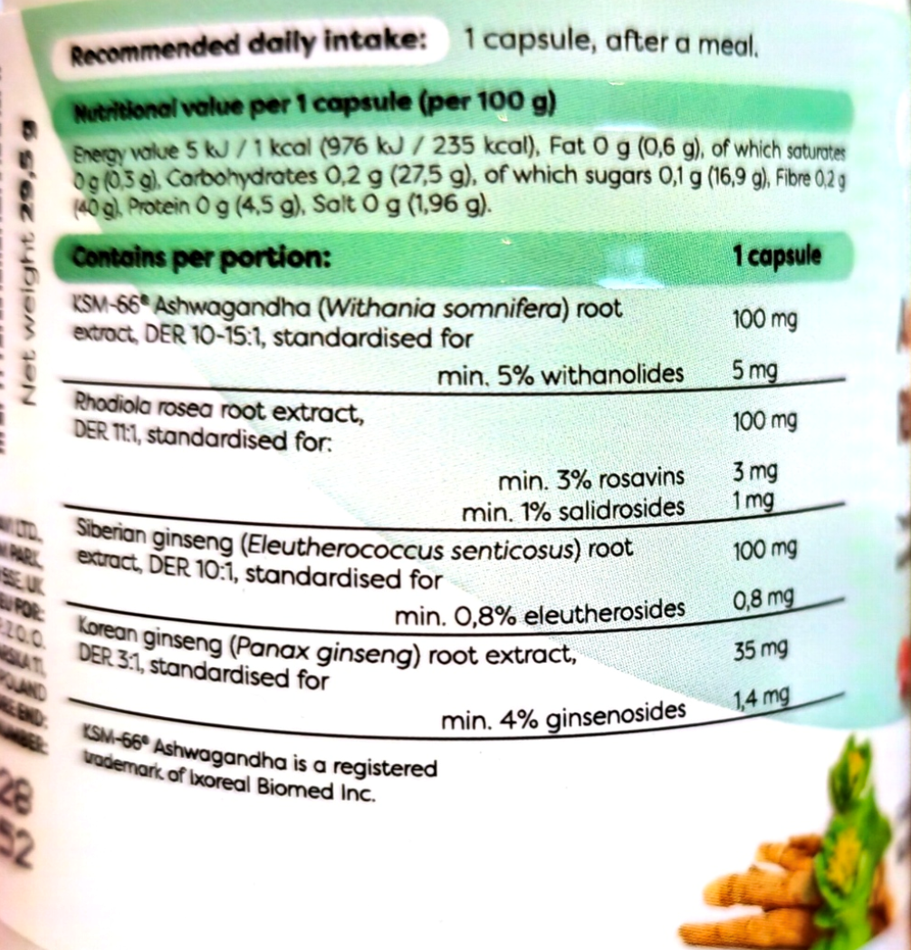 Close-up of a supplement bottle label showing nutritional information and ingredient details for Ashwagandha, with a small photo of green leaves and roots at the bottom right.