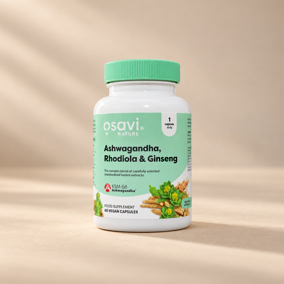 Osavi Ashwagandha Rhodiola and Ginseng 60 vegan capsules bottle with green cap on a warm cream studio background
