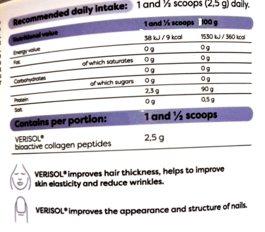 A close-up of a product's packaging or informational label showing a daily intake table for VERISOL® bioactive collagen peptides. The table specifies recommended daily intake as 1 and 1/2 scoops (2.