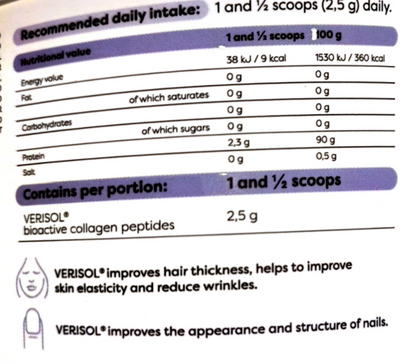 A close-up of a product's packaging or informational label showing a daily intake table for VERISOL® bioactive collagen peptides. The table specifies recommended daily intake as 1 and 1/2 scoops (2.