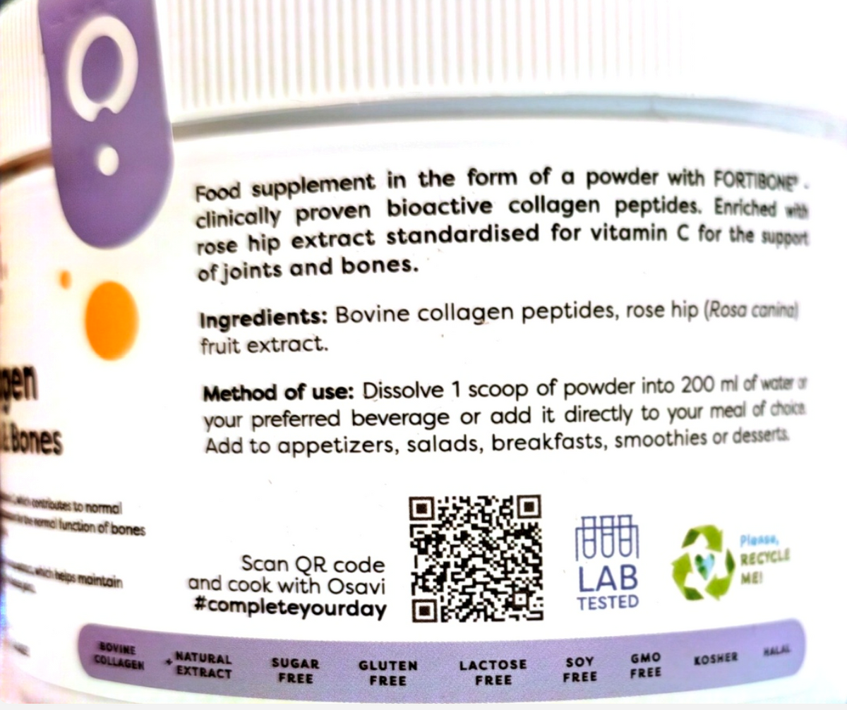 Close-up of a white supplement bottle label showing product details, ingredients, a QR code, and certification logos including Plant Based and Lab Tested.