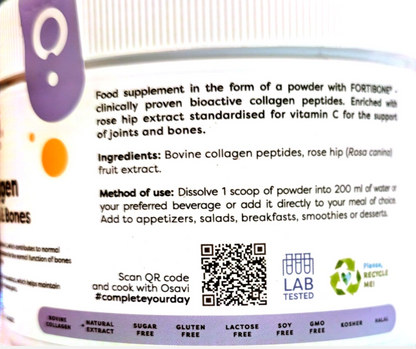 Close-up of a white supplement bottle label showing product details, ingredients, a QR code, and certification logos including Plant Based and Lab Tested.