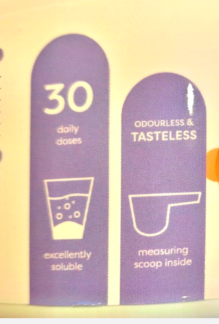 Purple informational graphic with white text and icons, showing two rounded arch panels: one reading '30 daily doses' with a glass icon and 'excellentl soluble,' and the other reading 'ODOURLESS & TASTELESS' with a measuring scoop icon and 'measuring scoop inside.'.