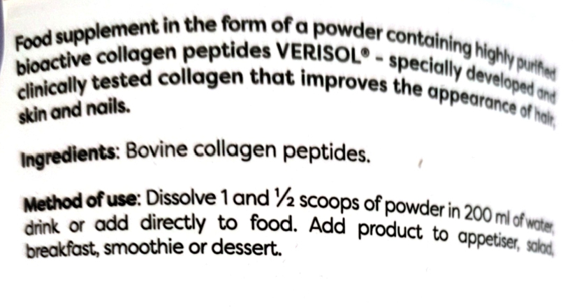 A close-up of printed text on a white background describing a food supplement powder made from bovine collagen peptides VERISOL, with usage instructions.