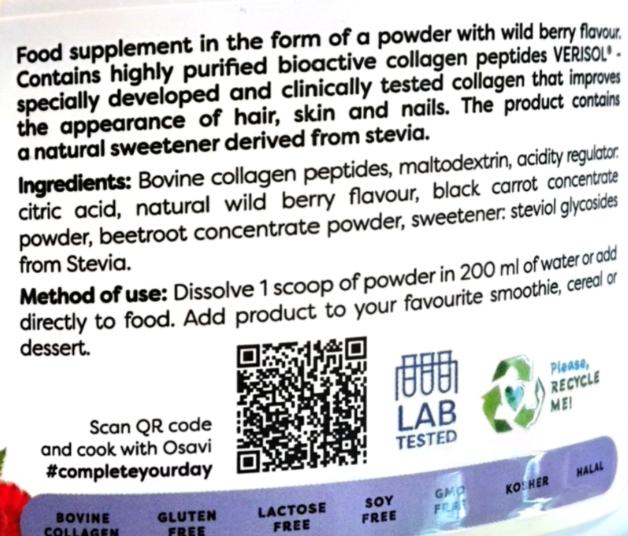 Back of a powder food supplement package showing product information, ingredients, a QR code, a LAB test logo, and a recycling symbol on a white background.