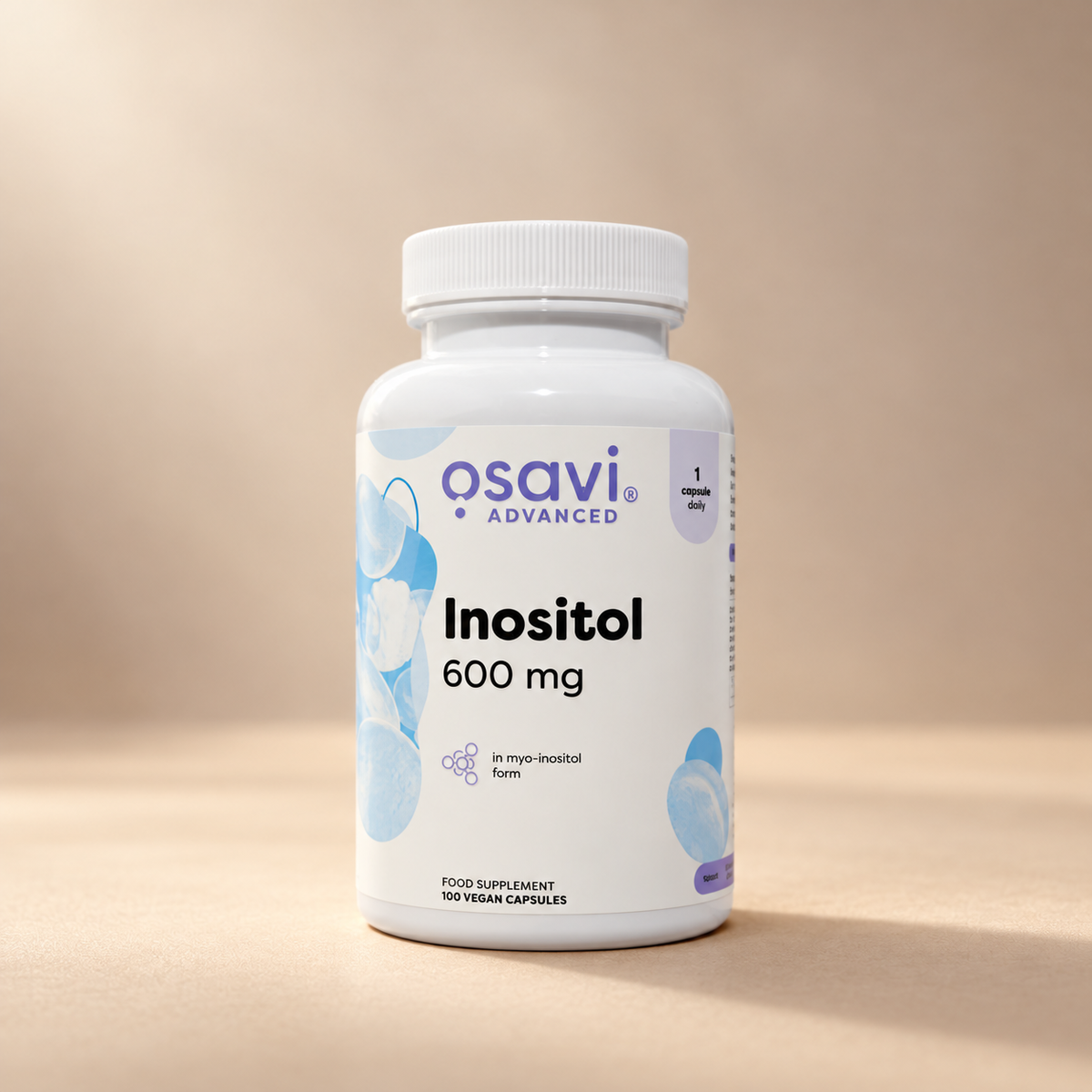 Osavi Advanced Inositol 600mg 100 vegan capsules white bottle on a warm cream studio background
