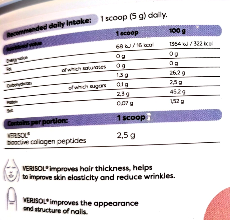 A close-up of a supplement package showing a nutrition facts table for VERISOL® bioactive collagen peptides. The table lists recommended daily intake in scoops and grams, with VERISOL® mentioned in the portion contents and product claims.