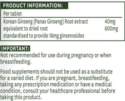 Product information label for Korean Ginseng supplement with dosage details and usage warnings.