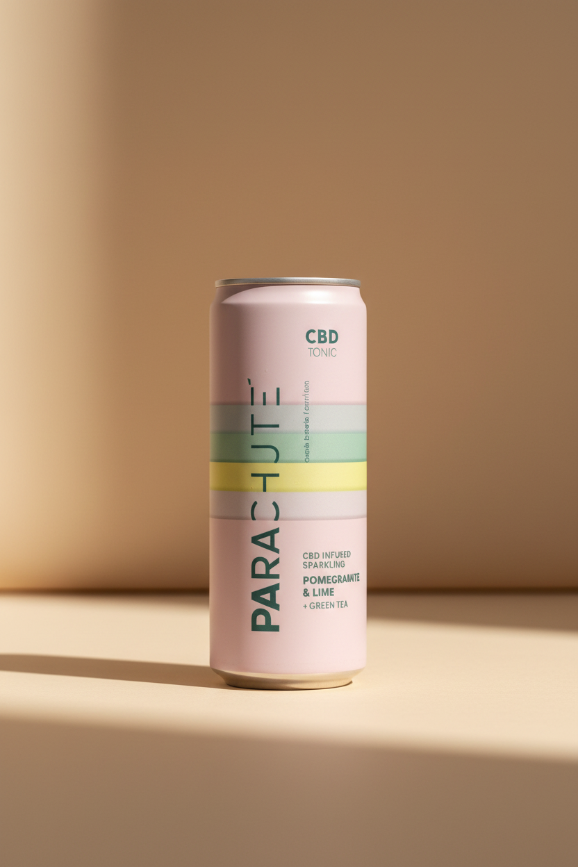 A light pink can of PARACHUTE CBD infused sparkling drink, featuring a pastel striped design with mint green, pale yellow, and lavender bands, and dark green text.