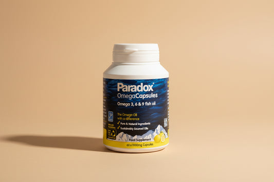 Paradox OmegaCapsules fish oil supplement bottle on a white background