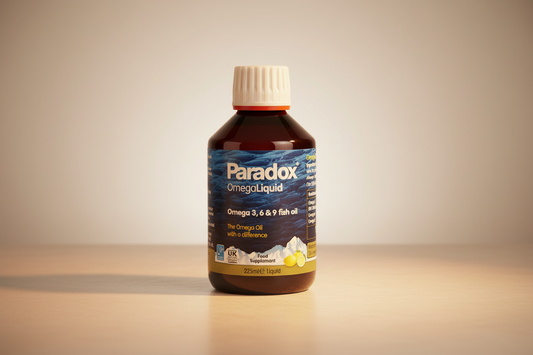Paradox OmegaLiquid fish oil bottle on a white background