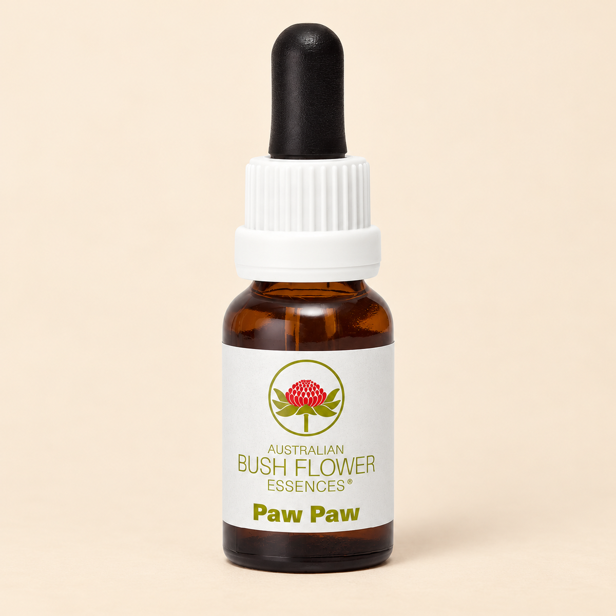 Australian Bush Flower paw paw 15ml bottle on a warm beige background
