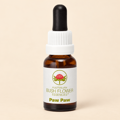 Australian Bush Flower paw paw 15ml bottle on a warm beige background