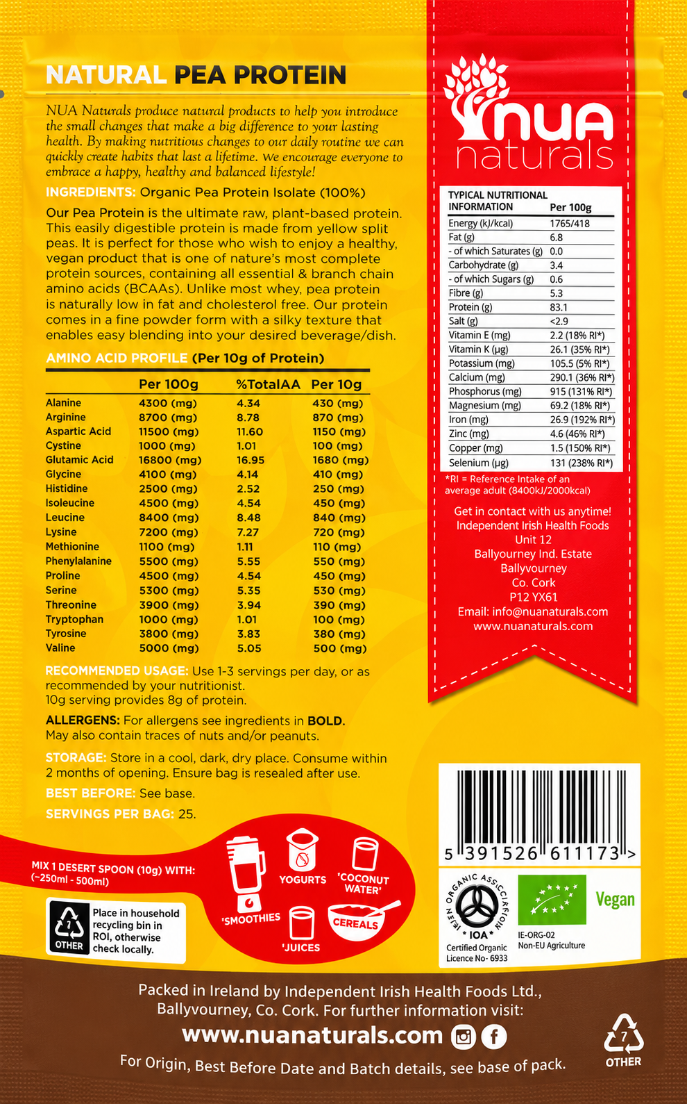NUA Naturals Pea Protein Powder Natural – 250g — complete readable product label