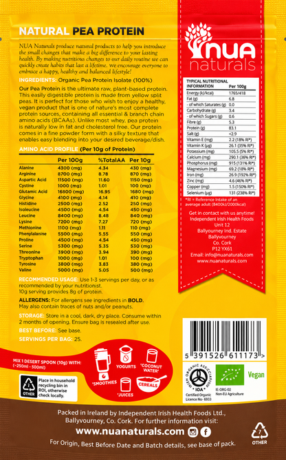 NUA Naturals Pea Protein Powder Natural – 250g — complete readable product label