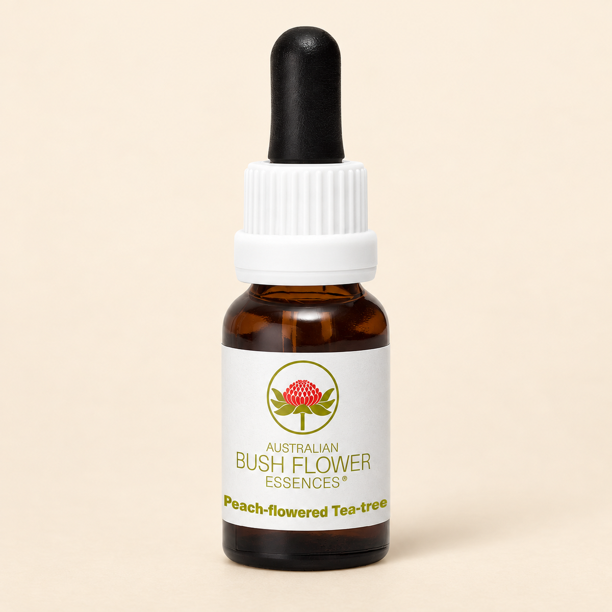 Australian Bush Flower peach flowered tea tree 15ml bottle on a warm beige background