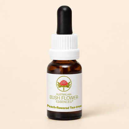 Australian Bush Flower peach flowered tea tree 15ml bottle on a warm beige background
