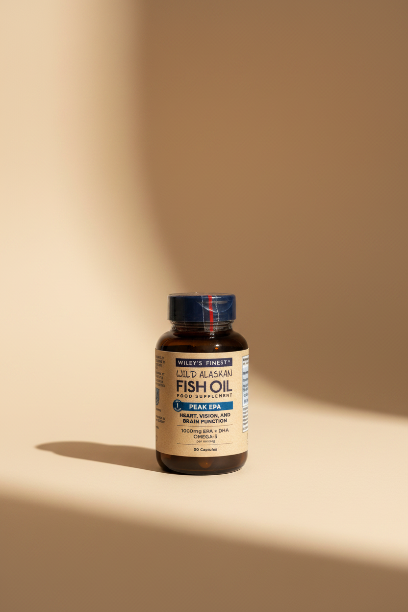A bottle of Wiley's Finest Wild Alaskan Fish Oil food supplement with a beige label and dark cap, sitting on a wooden surface.