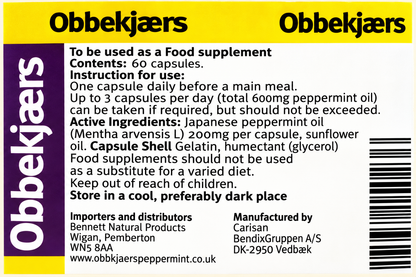 Obbekjaers Extra Strength Peppermint Oil – Once a Day – 60 Capsules — complete readable product label