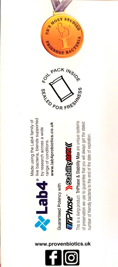 Back of a Proven Biotics product box showing a gold medal illustration, text about the foil pack being sealed for freshness, Lab4 branding, website URL, and social media icons on a white background.