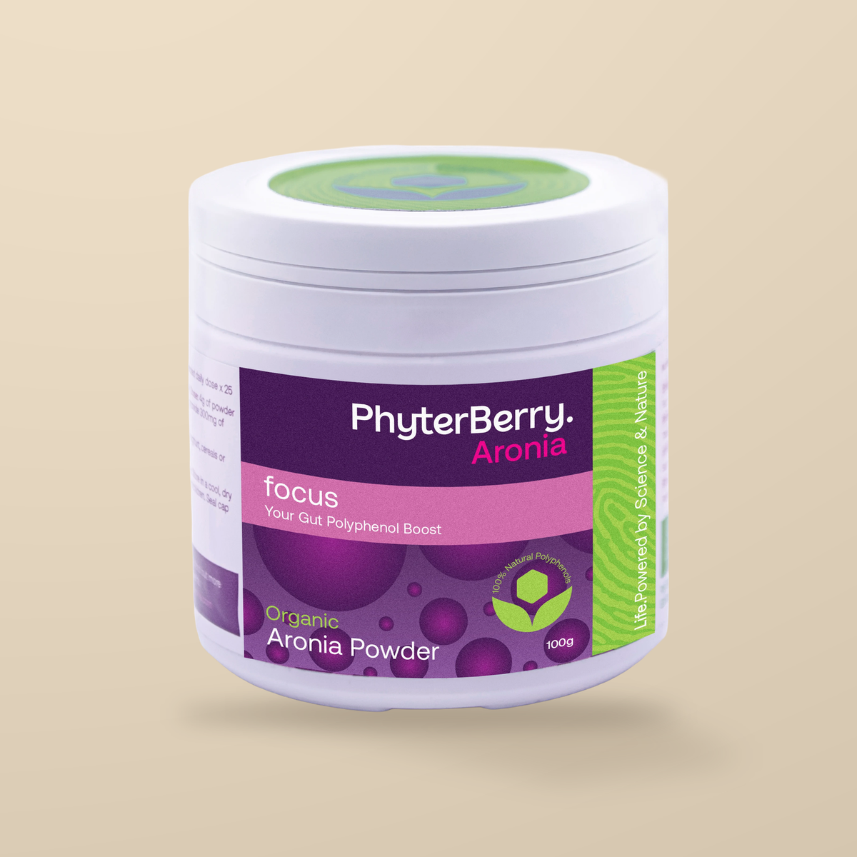 PhyterBerry Focus Organic Aronia Powder 100g — original product packaging on warm beige background