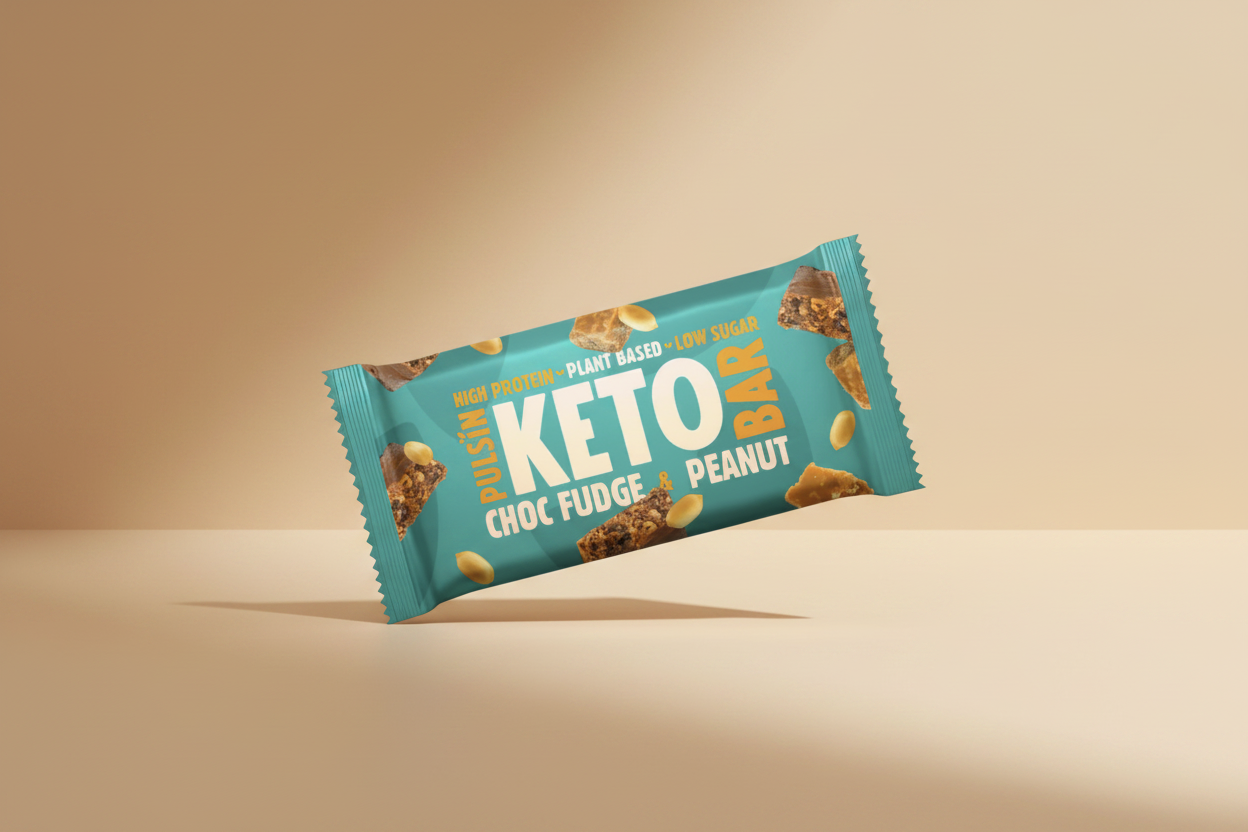 Keto chocolate fudge peanut bar packaging on a teal background