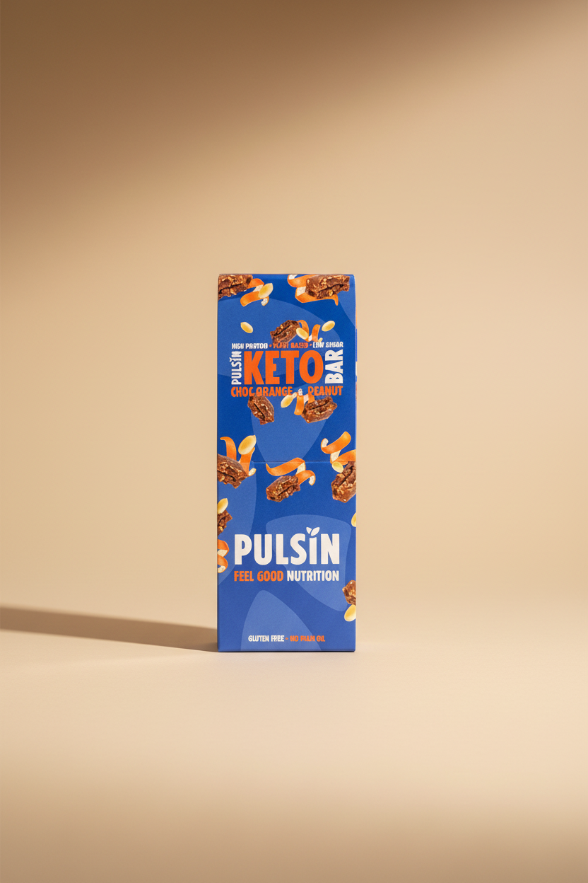 Pulsin' keto bar packaging with blue background