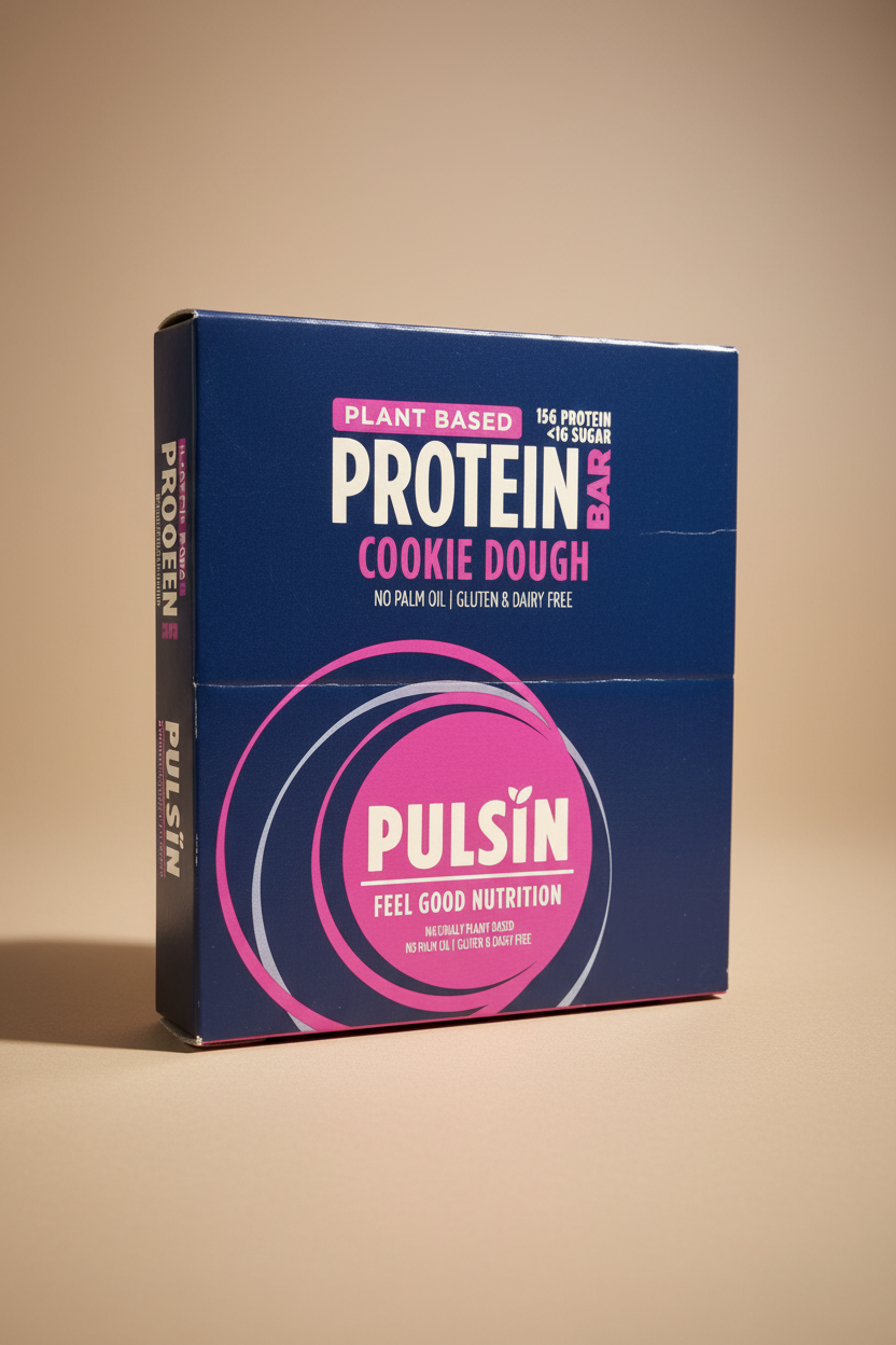 Pulsin' protein bar packaging on a blue background